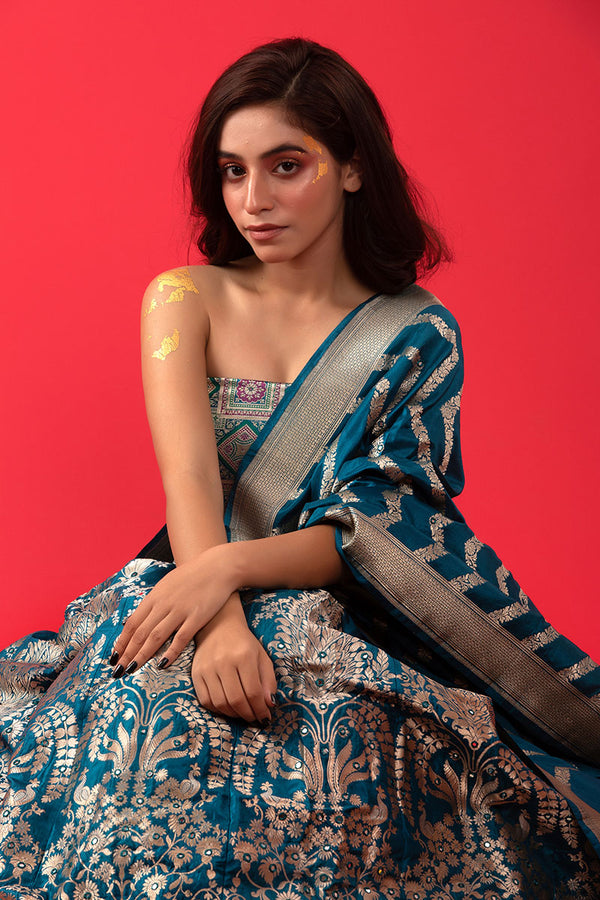 Teal Blue Handwoven Embellished Banarasi Katan Silk Lehenga - Chinaya Banaras