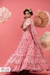 Baby Pink Floral Printed Embellished Chiffon Lehenga