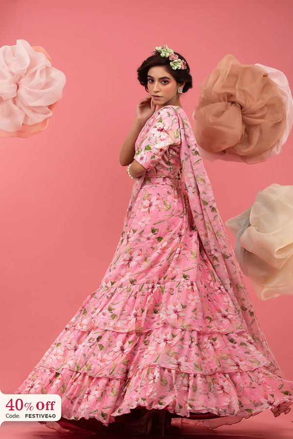 Baby Pink Floral Printed Embellished Chiffon Lehenga