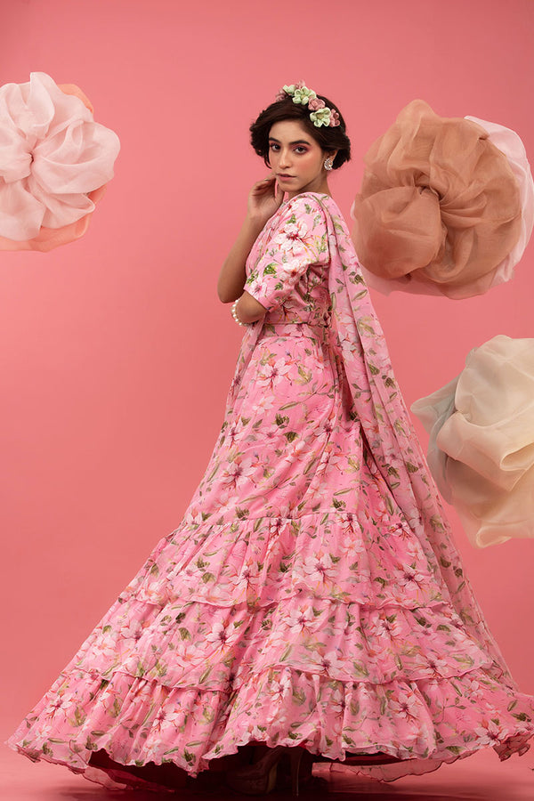 Pink Floral Printed Embellished Chiffon Lehenga At Chinaya Banaras