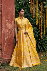 Yellow Banarasi Bridal Lehenga with Gold and Silver Zari Work