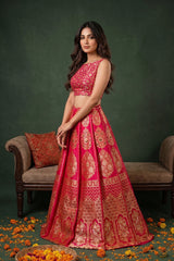 Magenta Pink Banarasi Bridal Lehenga with Meenakari Floral Birds