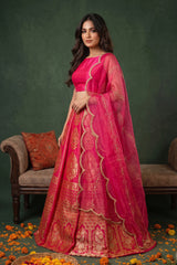 Magenta Pink Banarasi Bridal Lehenga with Meenakari Floral Birds