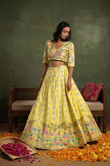 Yellow Floral Chiniya Silk Lehenga with Hand Embellishments