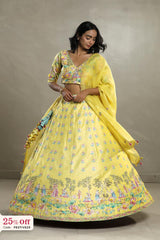 A bride in a traditional yellow Lehenga with a promotional text sale offer on Lehenga up to 50%