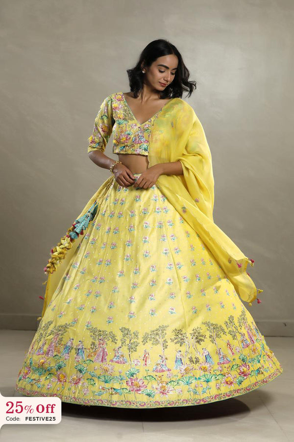 A bride in a traditional yellow Lehenga with a promotional text sale offer on Lehenga up to 50%