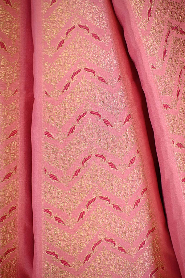 Pink Banarasi Satin Silk Wedding Lehenga with Gold Zari Zigzag Pattern