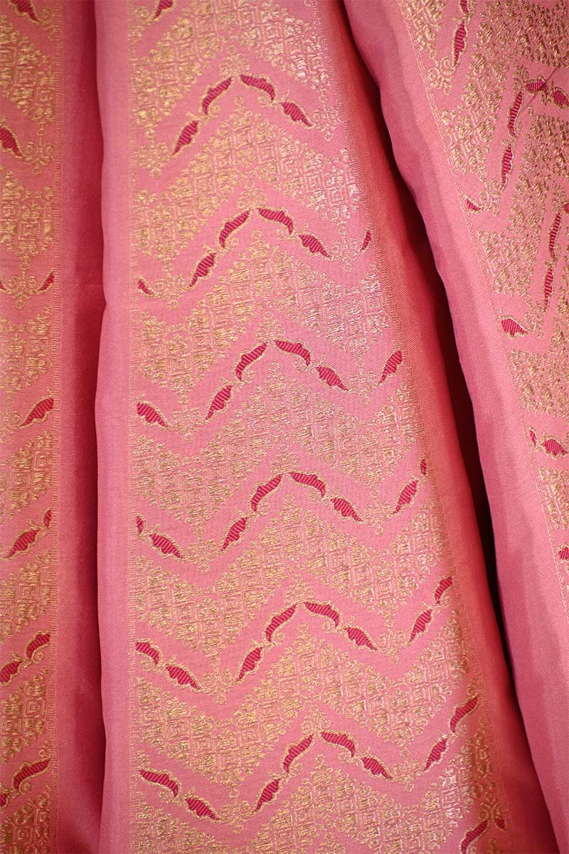 Pink Banarasi Satin Silk Wedding Lehenga with Gold Zari Zigzag Pattern