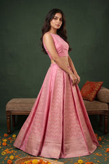 Pink Banarasi Satin Silk Wedding Lehenga with Gold Zari Zigzag Pattern