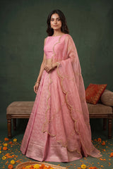 Pink Banarasi Satin Silk Wedding Lehenga with Gold Zari Zigzag Pattern