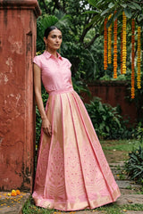 Pink Banarasi Satin Silk Wedding Lehenga with Meenakari Detailing