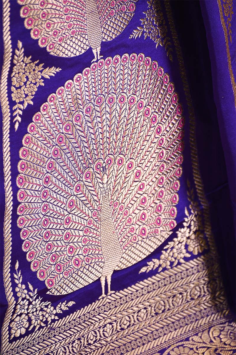 Bright Purple  Banarasi Lehenga with Gold Zari Peacock Motifs