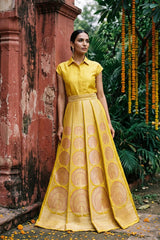 Yellow Banarasi Lehenga with Gold Zari Peacock Motifs