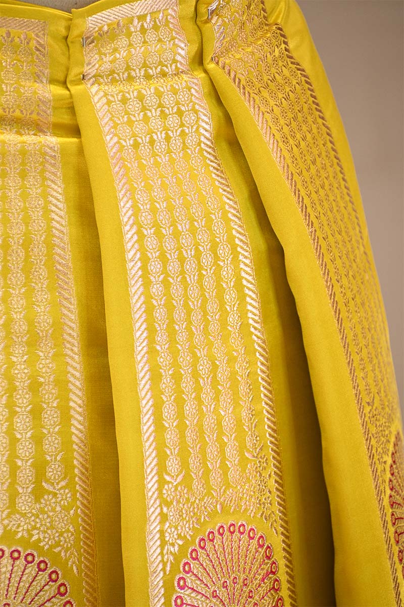 Yellow Banarasi Lehenga with Gold Zari Peacock Motifs