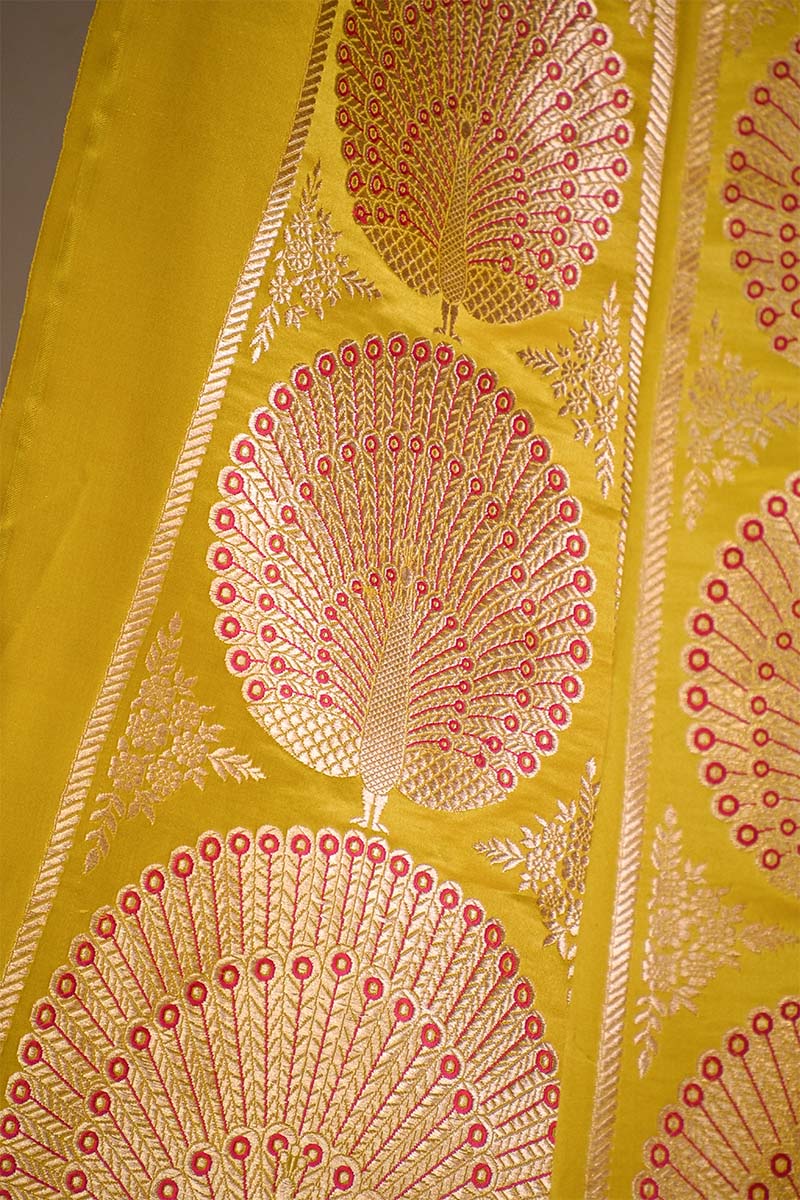 Yellow Banarasi Lehenga with Gold Zari Peacock Motifs