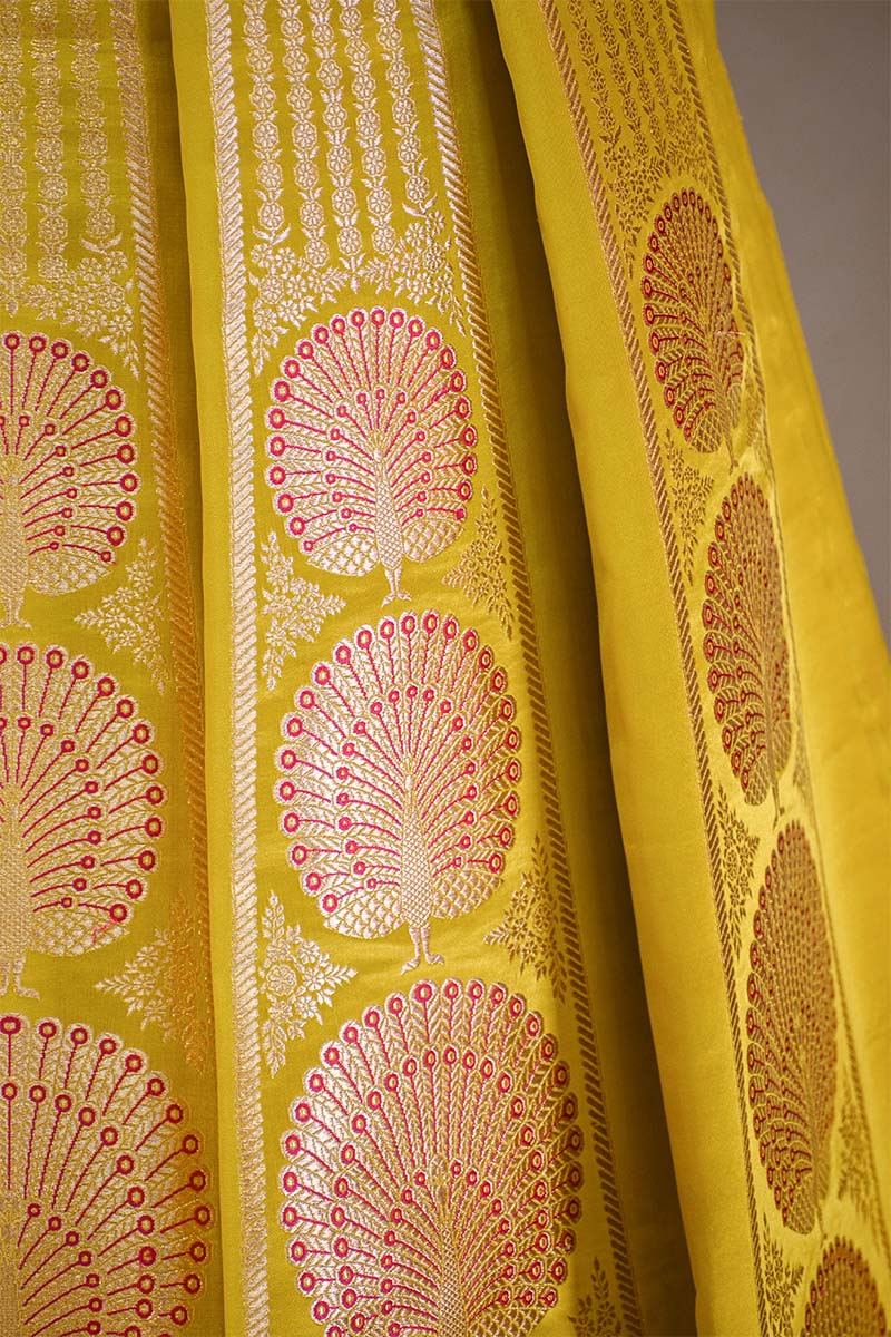 Yellow Banarasi Lehenga with Gold Zari Peacock Motifs