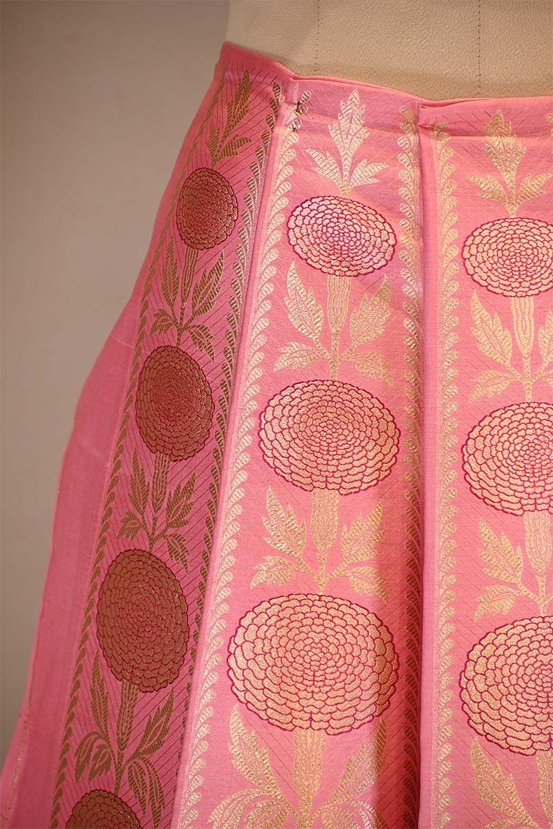 Pink  Banarasi Lehenga with Gold Zari Floral Motifs
