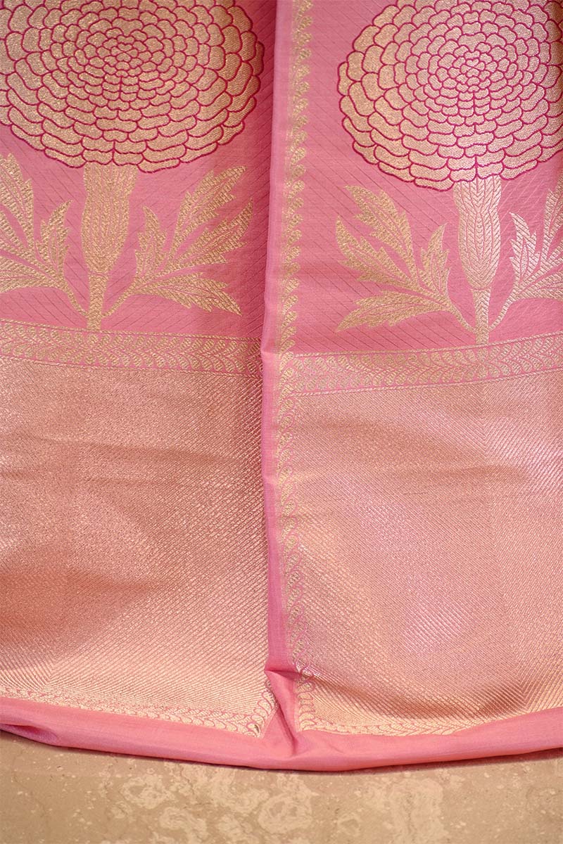 Pink  Banarasi Lehenga with Gold Zari Floral Motifs