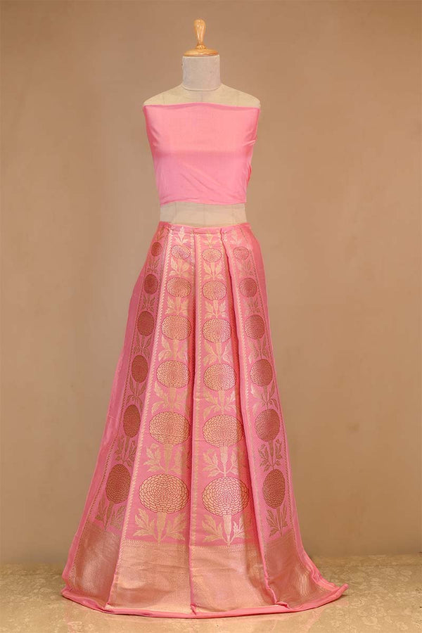 Pink  Banarasi Lehenga with Gold Zari Floral Motifs