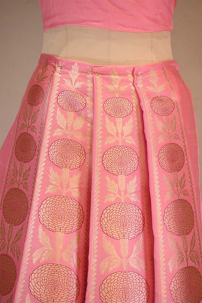 Pink  Banarasi Lehenga with Gold Zari Floral Motifs