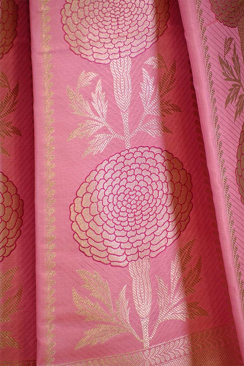 Pink  Banarasi Lehenga with Gold Zari Floral Motifs