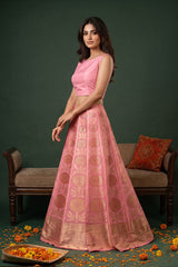 Pink  Banarasi Lehenga with Gold Zari Floral Motifs