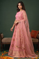 Pink  Banarasi Lehenga with Gold Zari Floral Motifs
