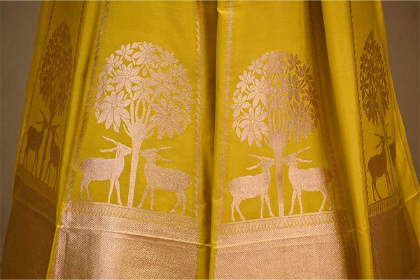 Yellow Banarasi Silk Wedding Lehenga with Shikargah Woven