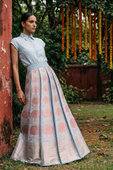 Powder Blue Banarasi Lehenga with Gold Zari Floral Motifs