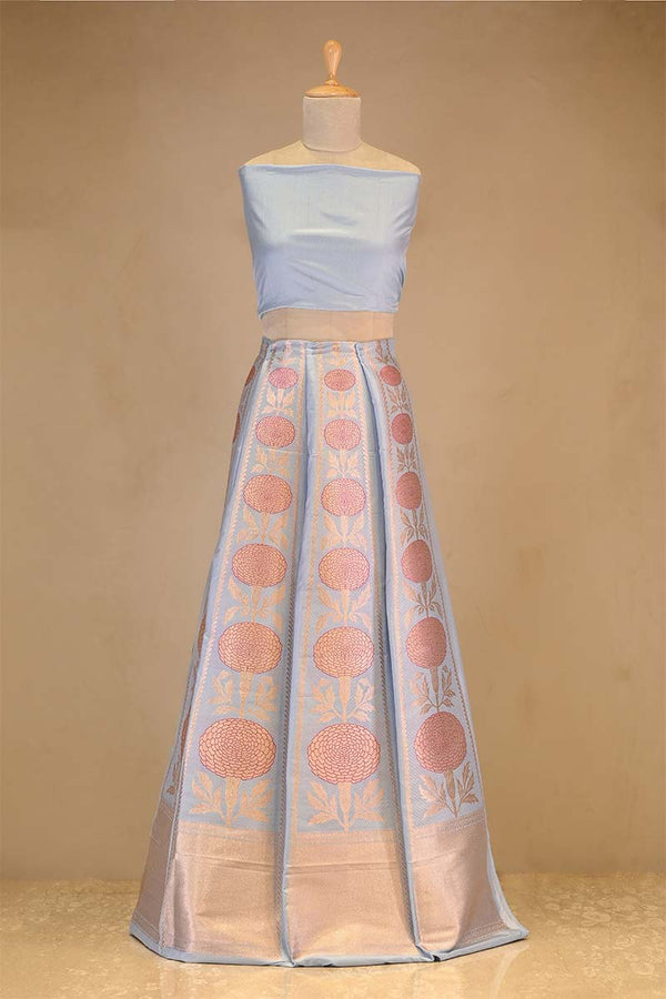 Powder Blue Banarasi Lehenga with Gold Zari Floral Motifs