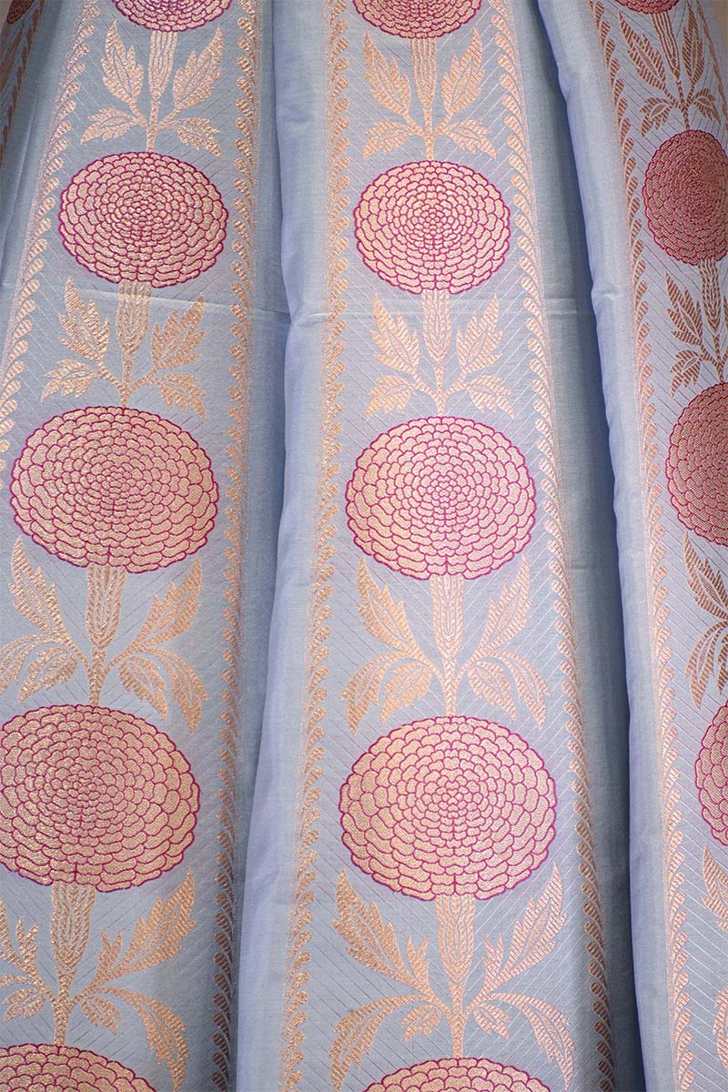 Powder Blue Banarasi Lehenga with Gold Zari Floral Motifs