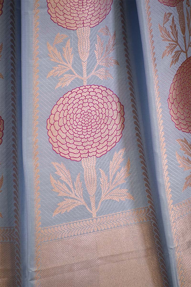 Powder Blue Banarasi Lehenga with Gold Zari Floral Motifs