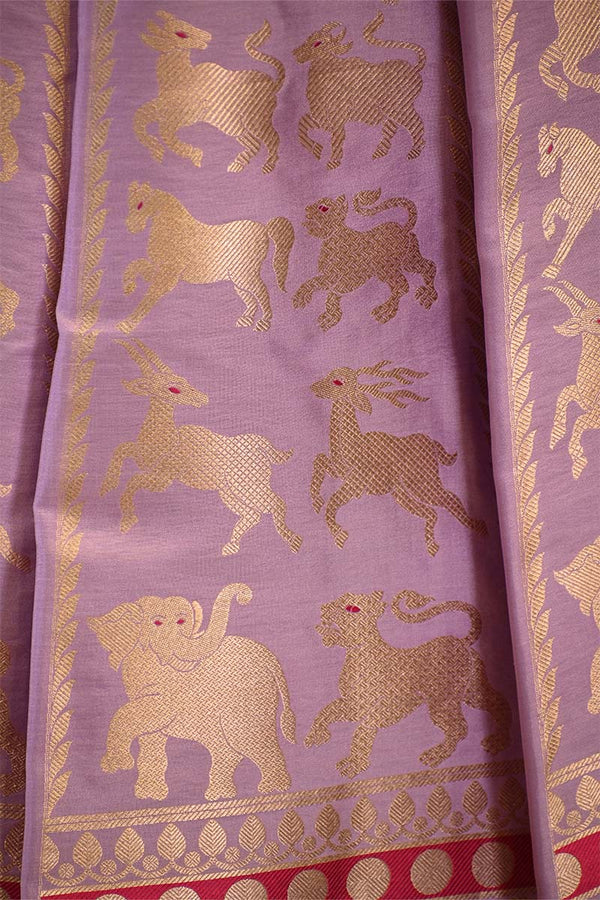 Lilac Banarasi Satin Silk Wedding Lehenga with Shikargah-Birds Motifs