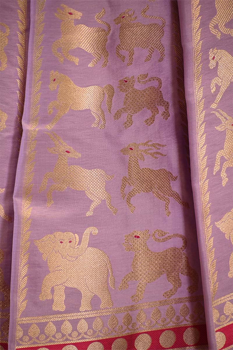 Lilac Banarasi Satin Silk Wedding Lehenga with Shikargah-Birds Motifs
