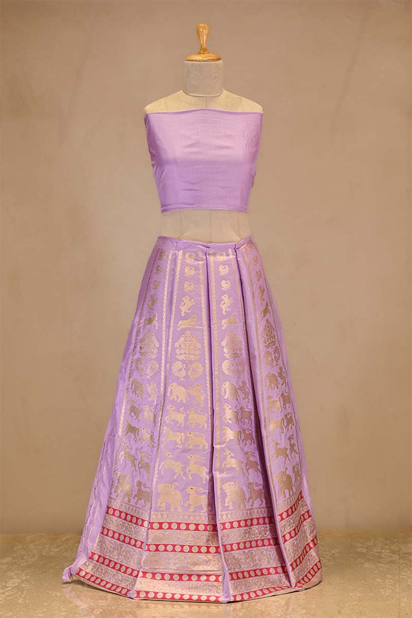 Buy Bridal Lilac Banarasi Satin Silk Wedding Lehenga with Shikargah-Birds Motifs