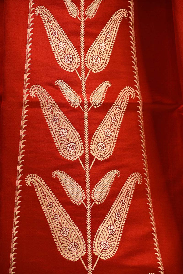 Red Satin Silk Bridal Lehenga with Gold and Silver Zari Paisley