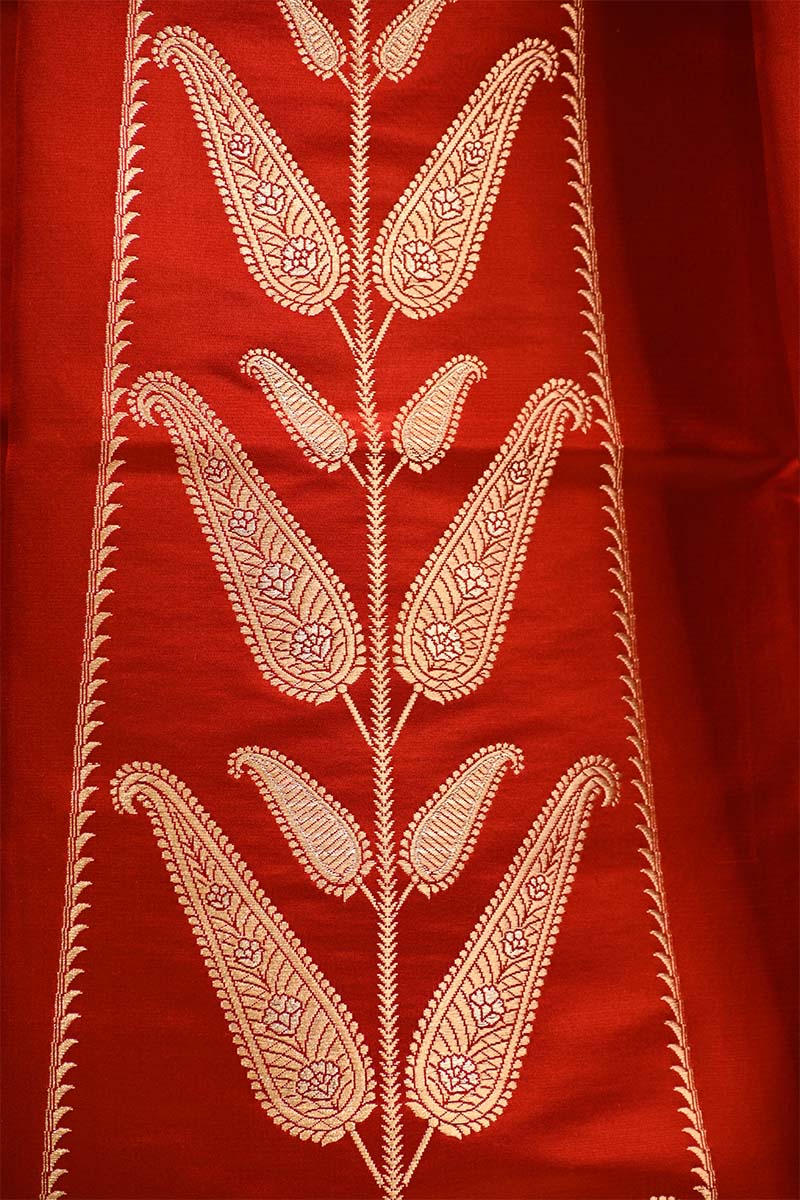 Red Satin Silk Bridal Lehenga with Gold and Silver Zari Paisley