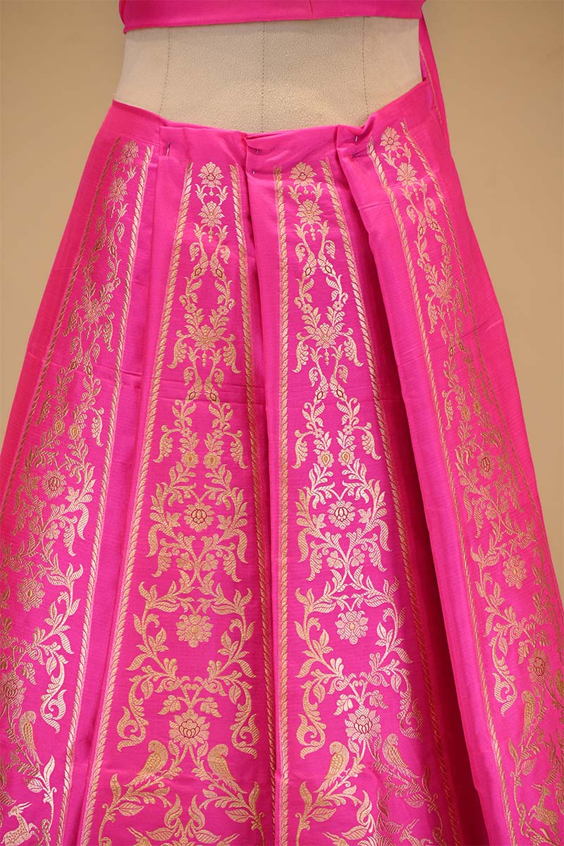 Rani Pink Banarasi Katan Silk Wedding Lehenga with Shikargah Floral Work