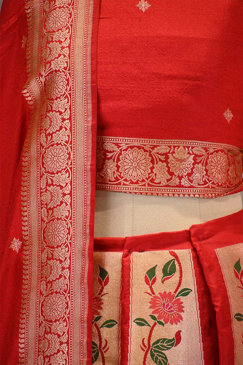 Red Banarasi Katan Silk Lehenga Choli with Paithani Work