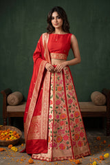 Red Banarasi Katan Silk Lehenga Choli with Paithani Work