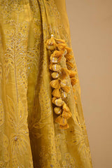 Yellow Organza Silk Bridal Lehenga with Floral Pakshi Applique Embellishments