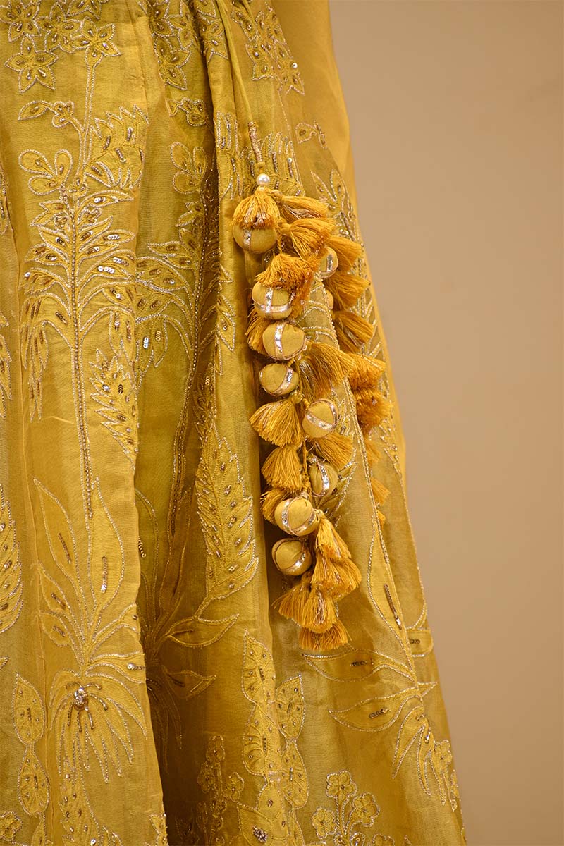 Yellow Organza Silk Bridal Lehenga with Floral Pakshi Applique Embellishments