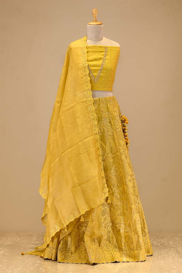 Buy Bridal Yellow Organza Silk Bridal Lehenga with Floral Pakshi Applique Embellishments