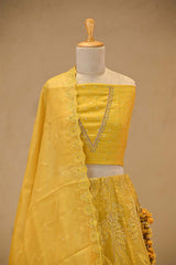 Yellow Organza Silk Bridal Lehenga with Floral Pakshi Applique Embellishments