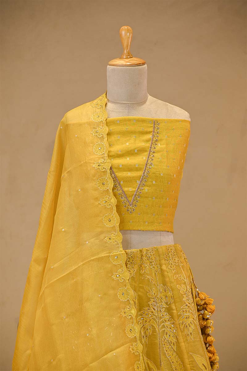 Yellow Organza Silk Bridal Lehenga with Floral Pakshi Applique Embellishments