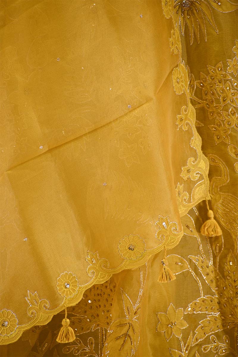 Yellow Organza Silk Bridal Lehenga with Floral Pakshi Applique Embellishments