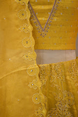 Yellow Organza Silk Bridal Lehenga with Floral Pakshi Applique Embellishments