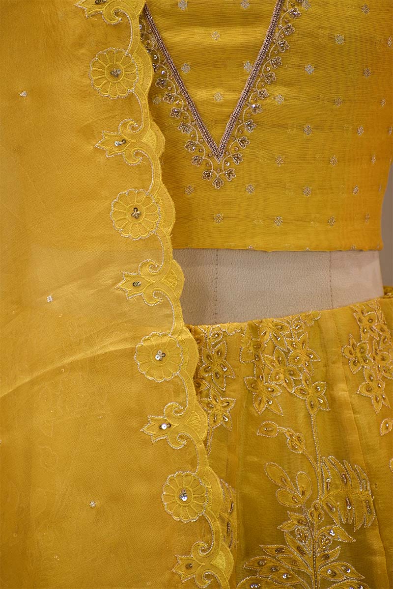 Yellow Organza Silk Bridal Lehenga with Floral Pakshi Applique Embellishments