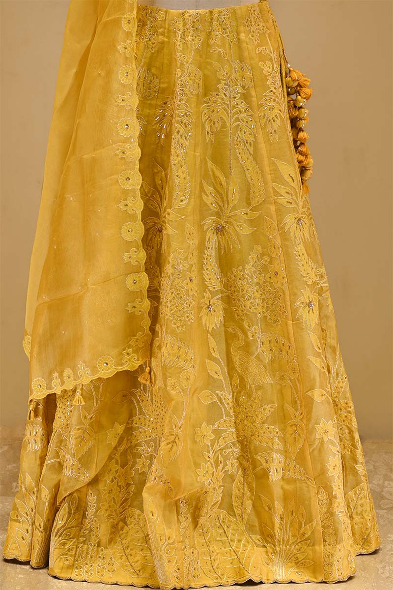 Yellow Organza Silk Bridal Lehenga with Floral Pakshi Applique Embellishments