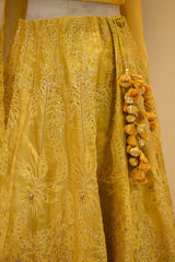 Yellow Organza Silk Bridal Lehenga with Floral Pakshi Applique Embellishments